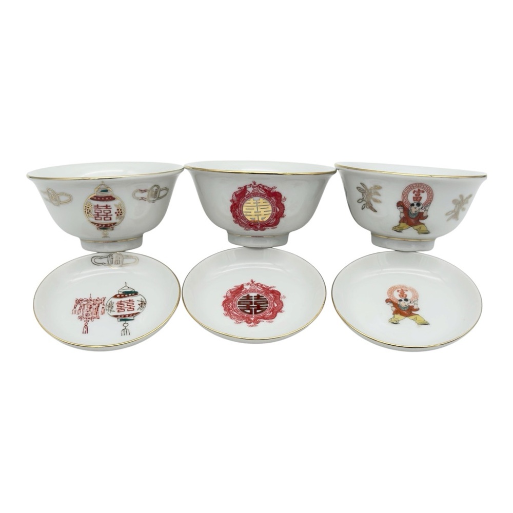 Vintage Tatung Taiwan Porcelain Cups & Saucers 3 Pairs Red Gold Double Happiness